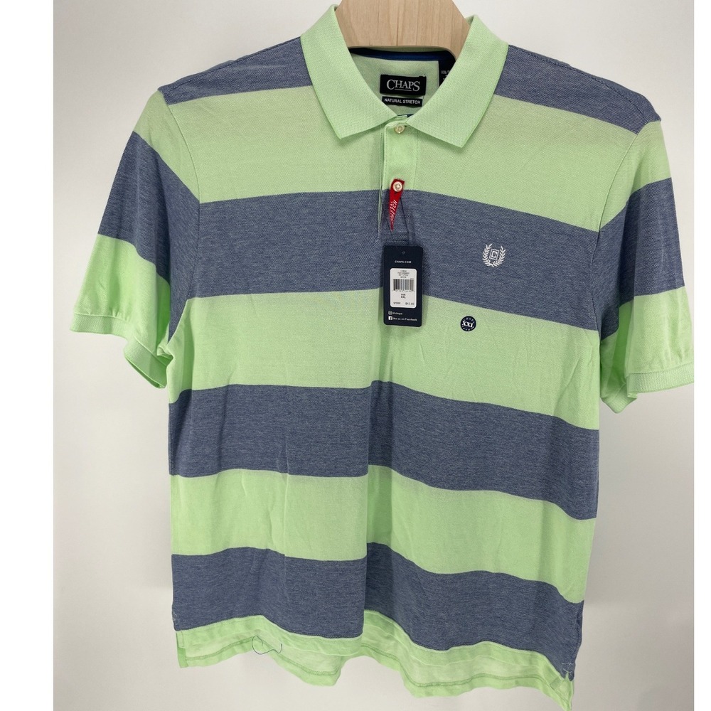 Chaps Polo Shirt Mens XXL Green Blue New Striped Natural Stretch Short Sleeve